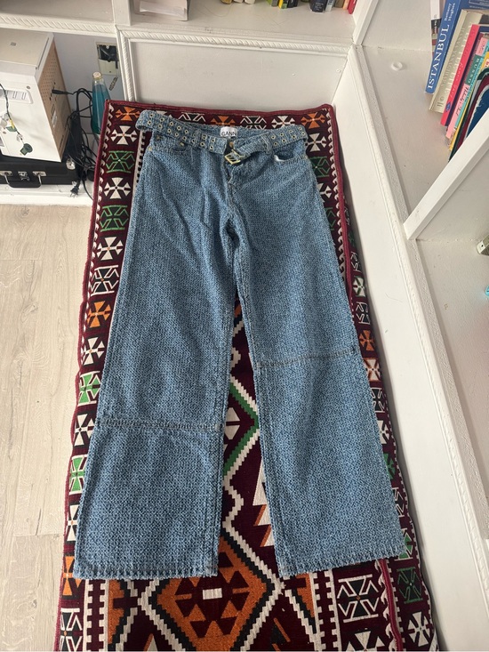 Ganni Denim - Ganni Light Blue Textured Wide-Leg Jeans with Studded Belt